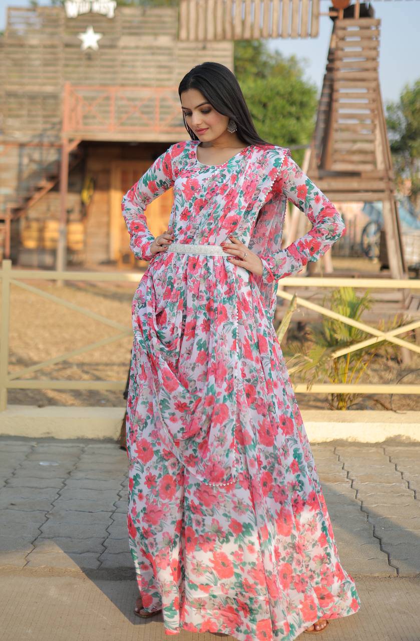 Pink Floral Digital Printed Faux Georgette Gown With Dupatta - Ethnicwish