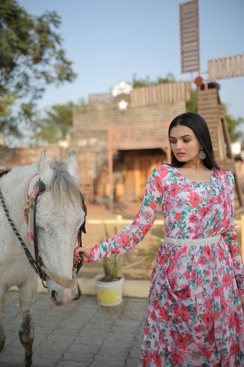 Pink Floral Digital Printed Faux Georgette Gown With Dupatta - Ethnicwish