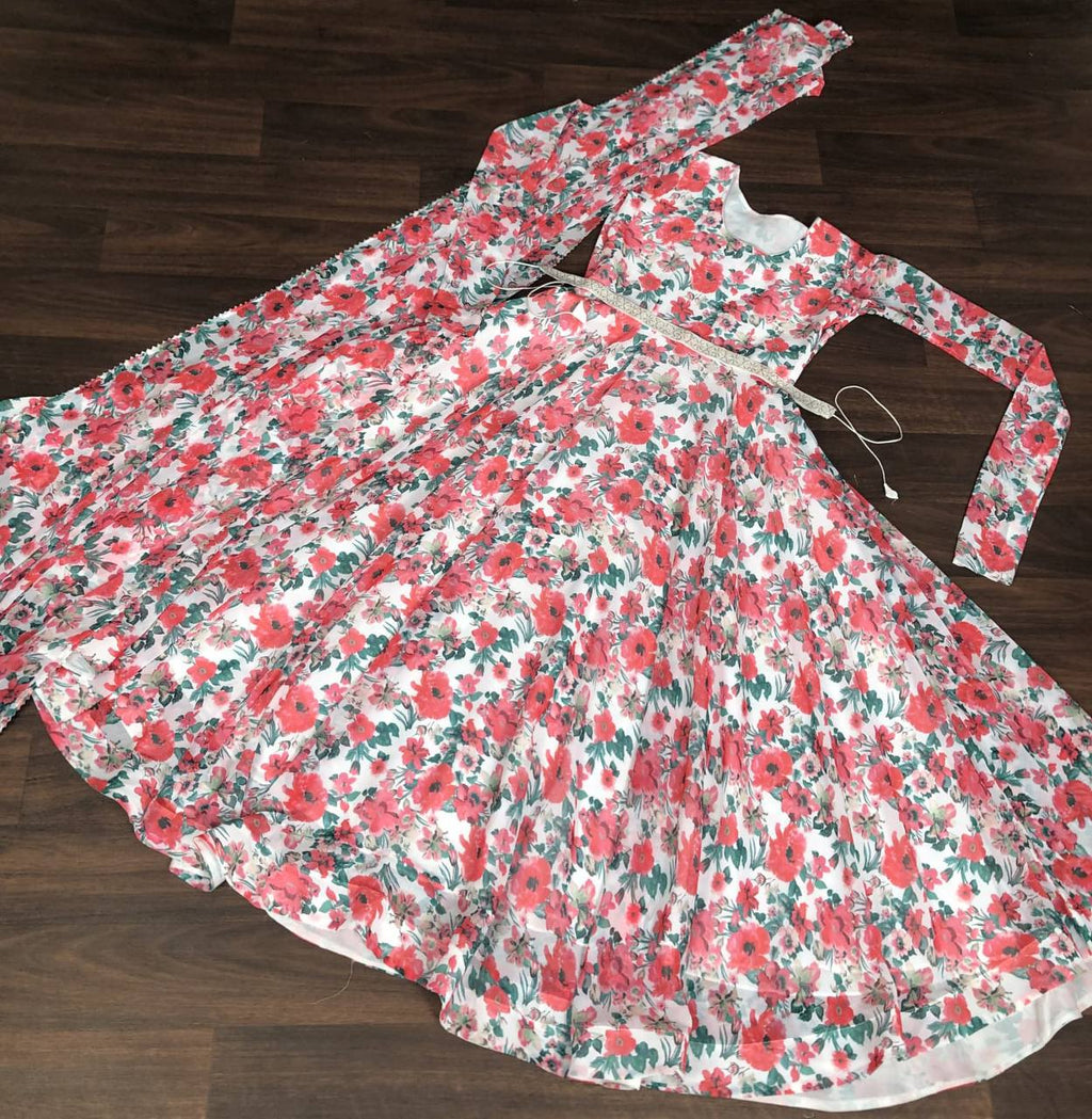 Pink Floral Digital Printed Faux Georgette Gown With Dupatta - Ethnicwish