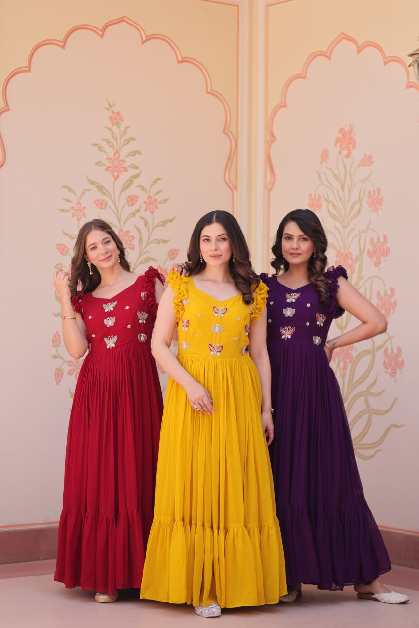 Designer Faux Georgette Frill Gown With Heavy Flair - ETHNICDEAL