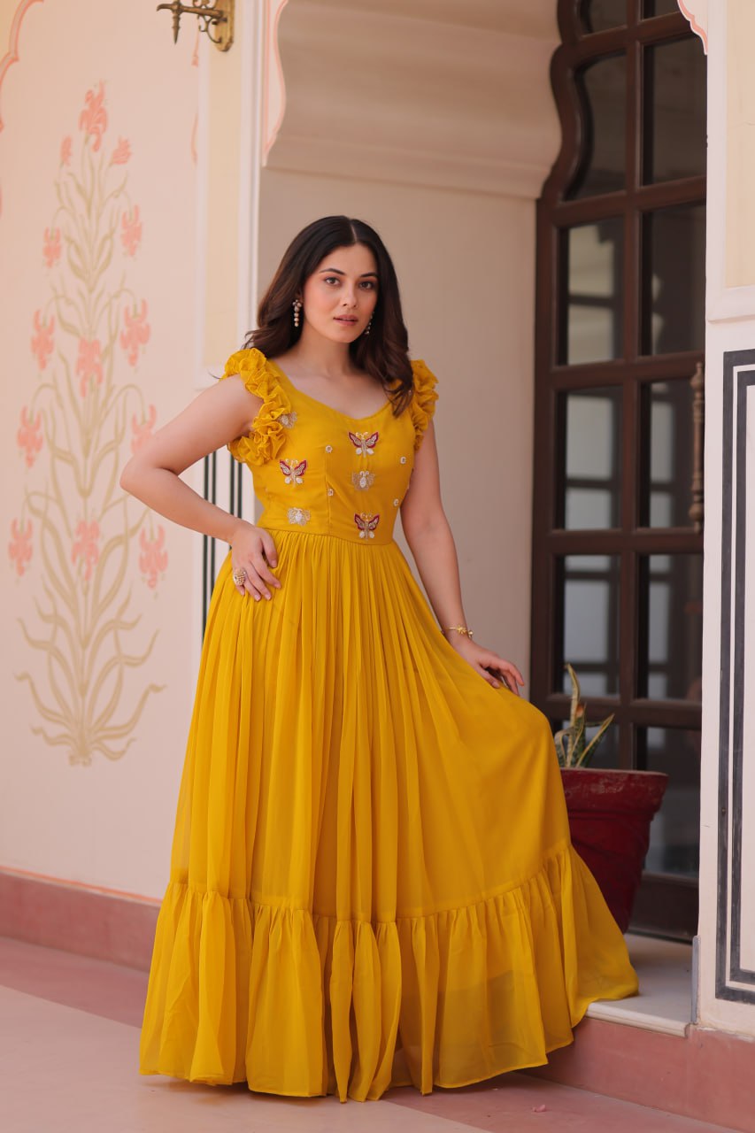 Designer Faux Georgette Frill Gown With Heavy Flair - ETHNICDEAL