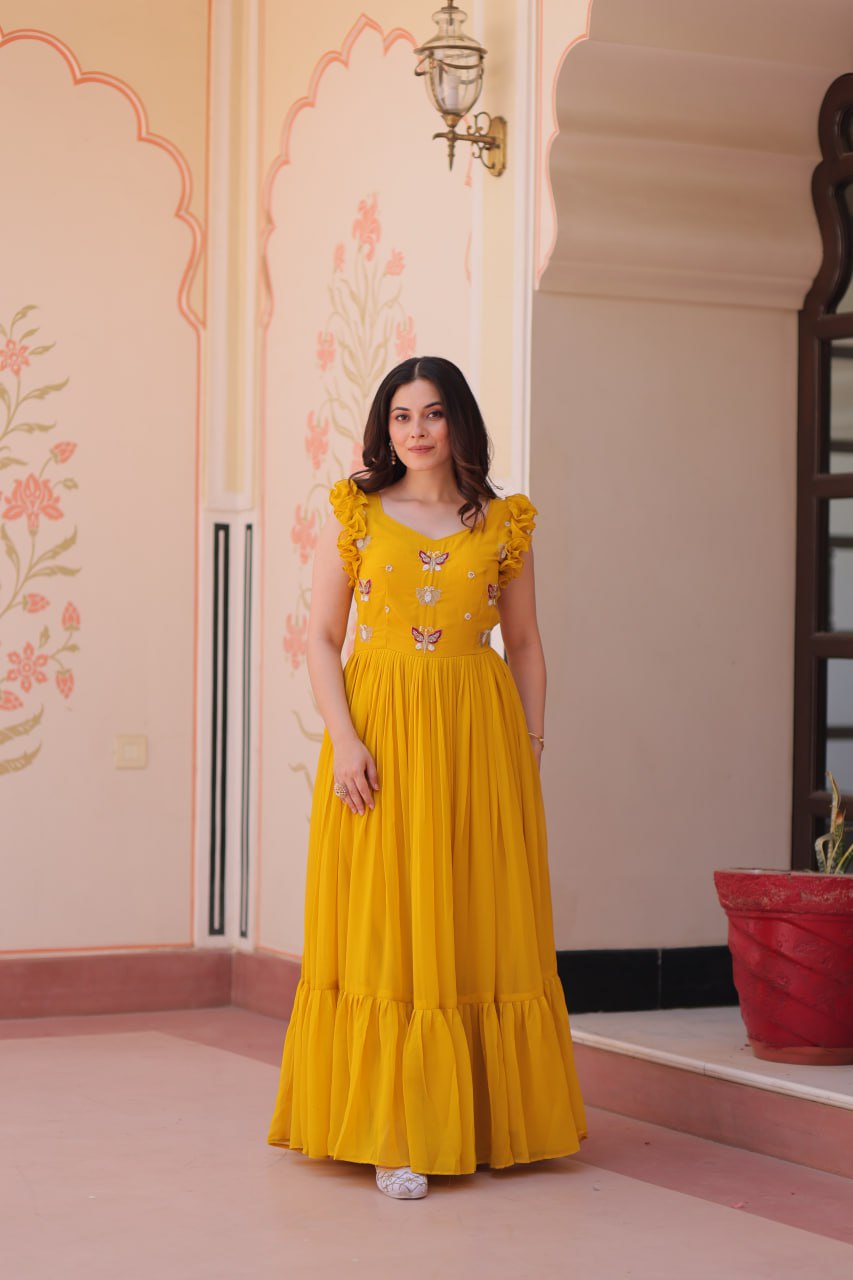 Designer Faux Georgette Frill Gown With Heavy Flair - ETHNICDEAL