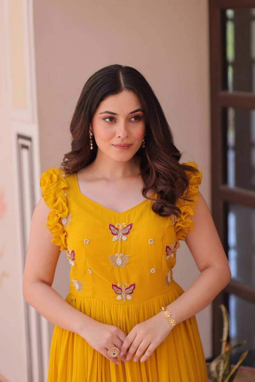 Designer Faux Georgette Frill Gown With Heavy Flair - ETHNICDEAL