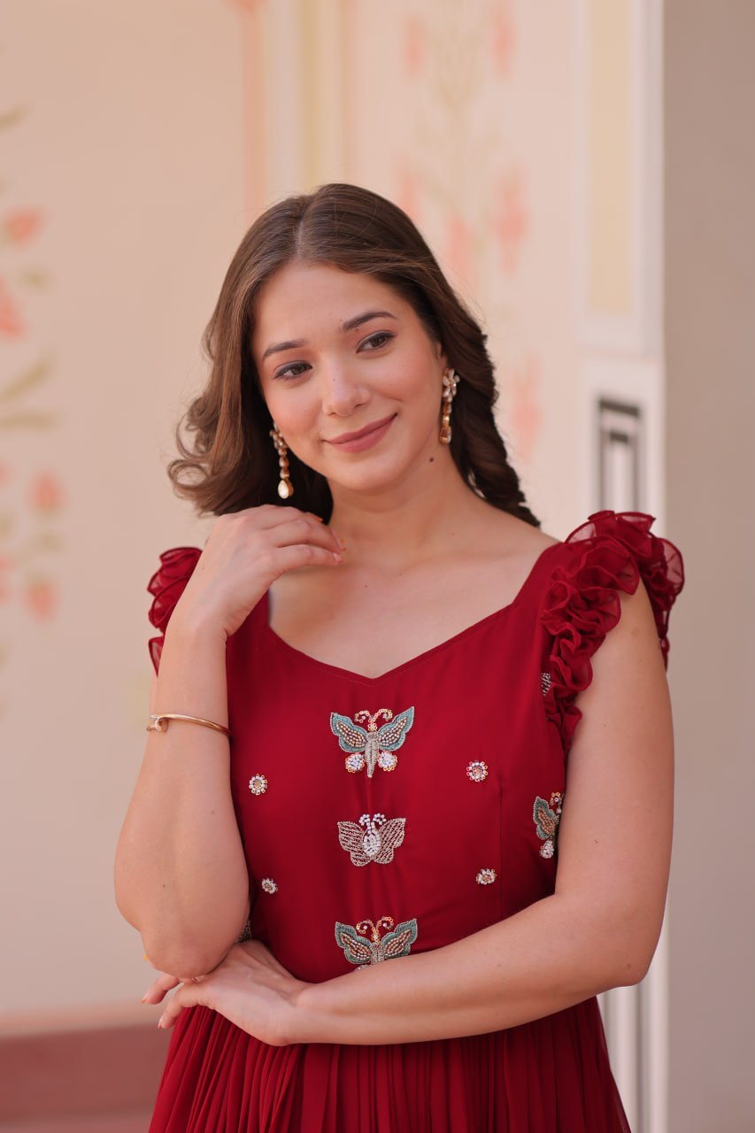 Designer Faux Georgette Frill Gown With Heavy Flair - ETHNICDEAL