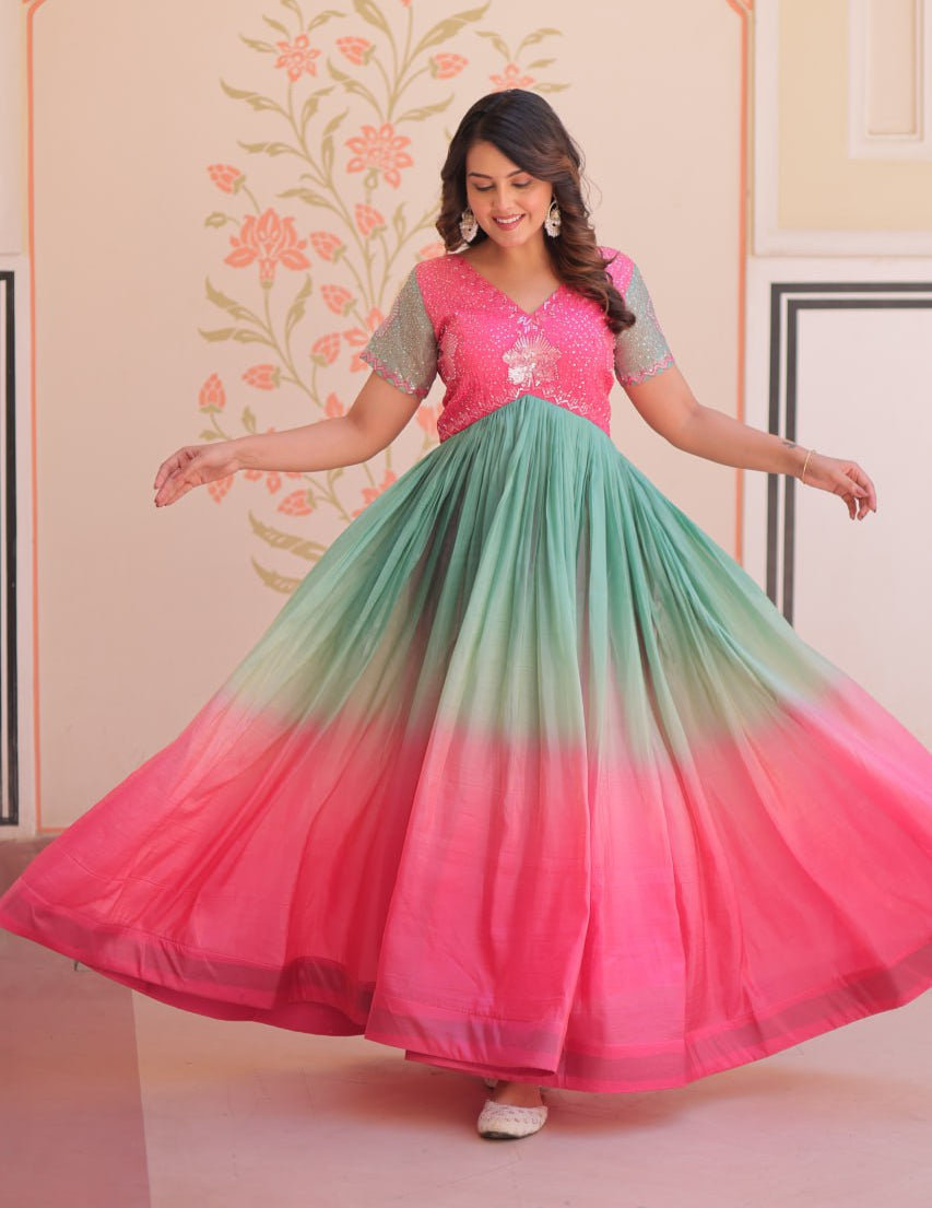 Stunning Gold Crush Bead Embroidered Fully Stitched Gown - ETHNICDEAL