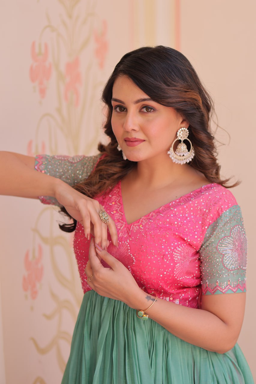 Stunning Gold Crush Bead Embroidered Fully Stitched Gown - ETHNICDEAL