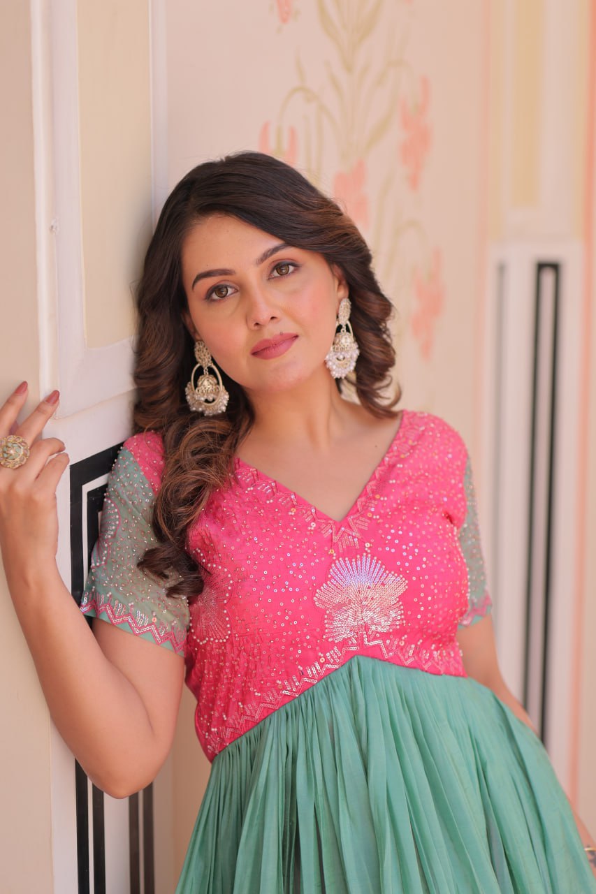 Stunning Gold Crush Bead Embroidered Fully Stitched Gown - ETHNICDEAL