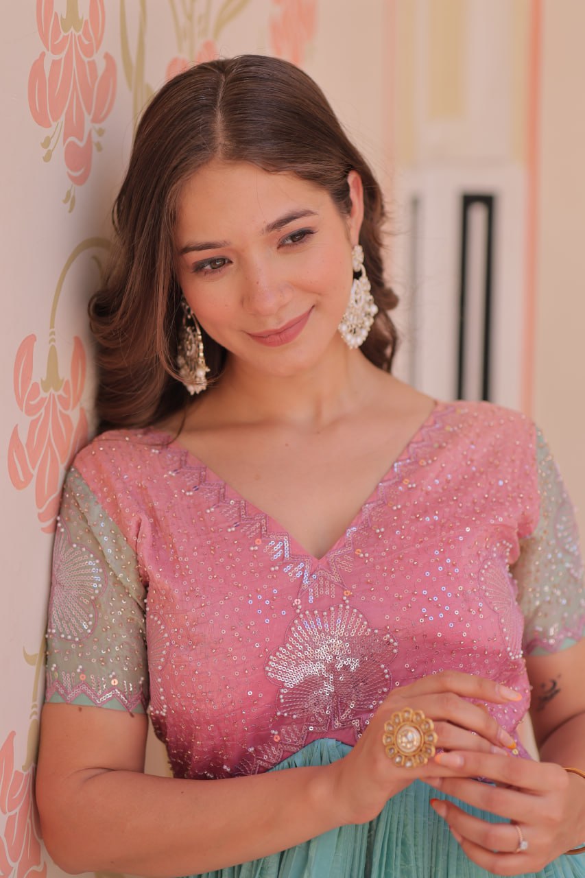 Stunning Gold Crush Bead Embroidered Fully Stitched Gown - ETHNICDEAL