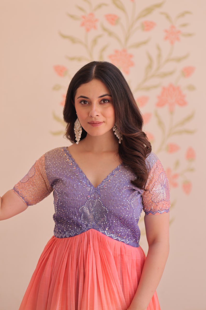 Stunning Gold Crush Bead Embroidered Fully Stitched Gown - ETHNICDEAL