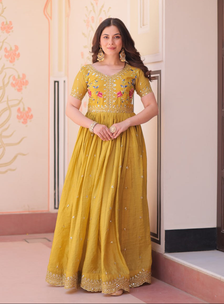 Gold Crush Embroidered Gown – Fully Stitched & Ready to Wear - ETHNICDEAL