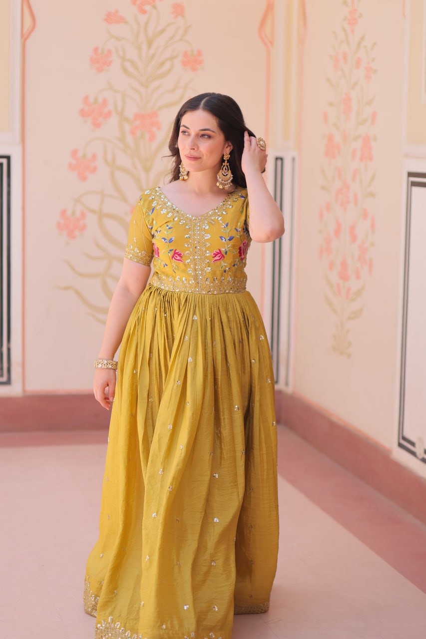 Gold Crush Embroidered Gown – Fully Stitched & Ready to Wear - ETHNICDEAL
