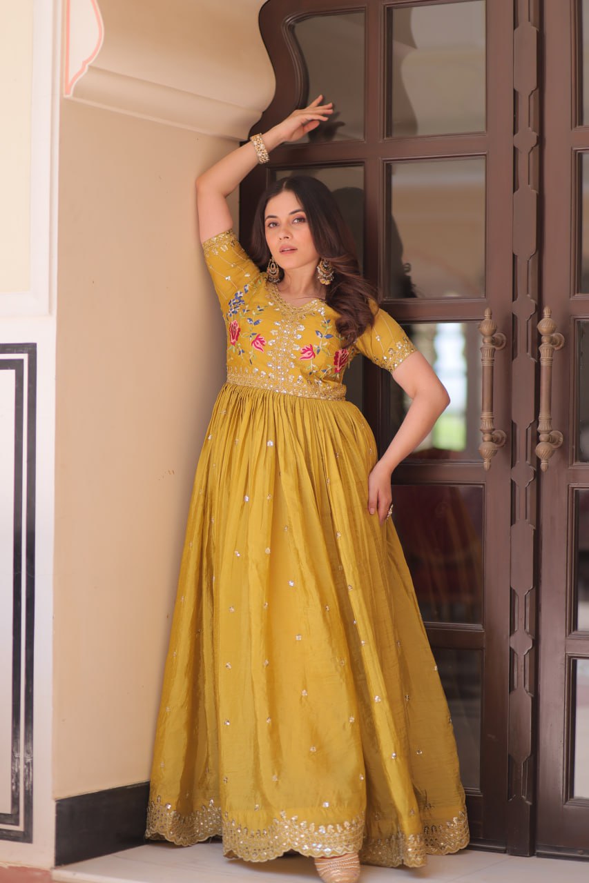 Gold Crush Embroidered Gown – Fully Stitched & Ready to Wear - ETHNICDEAL