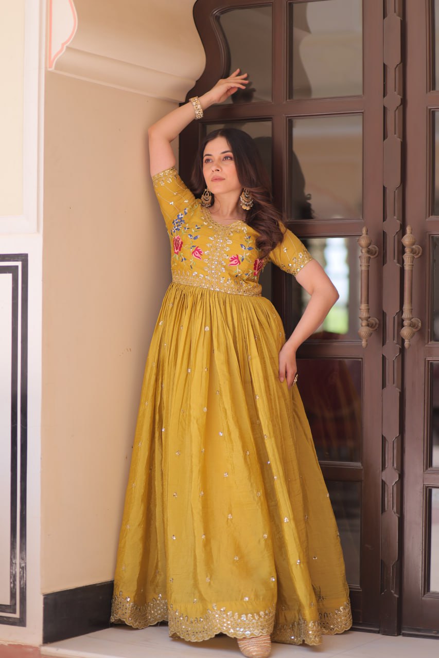 Gold Crush Embroidered Gown – Fully Stitched & Ready to Wear - ETHNICDEAL