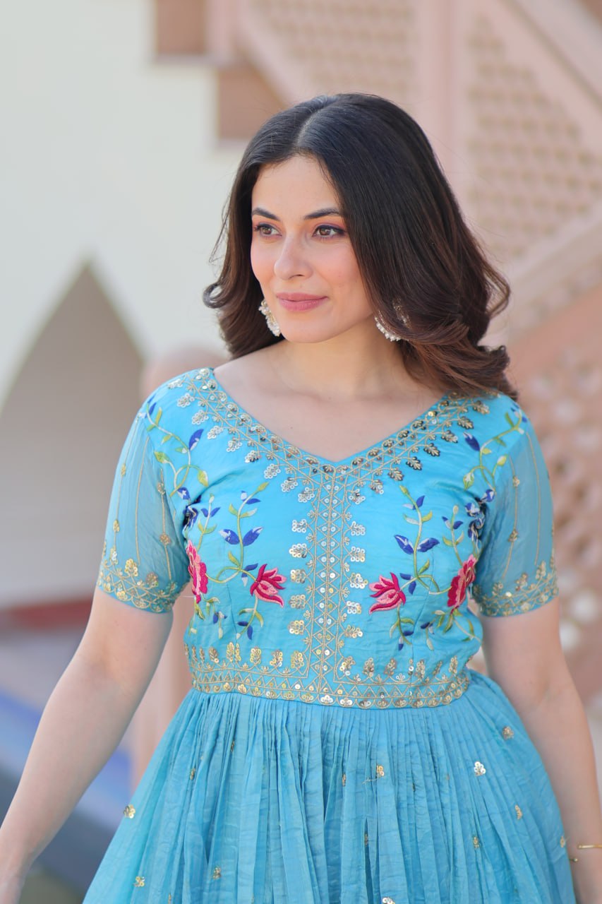 Gold Crush Embroidered Gown – Fully Stitched & Ready to Wear - ETHNICDEAL