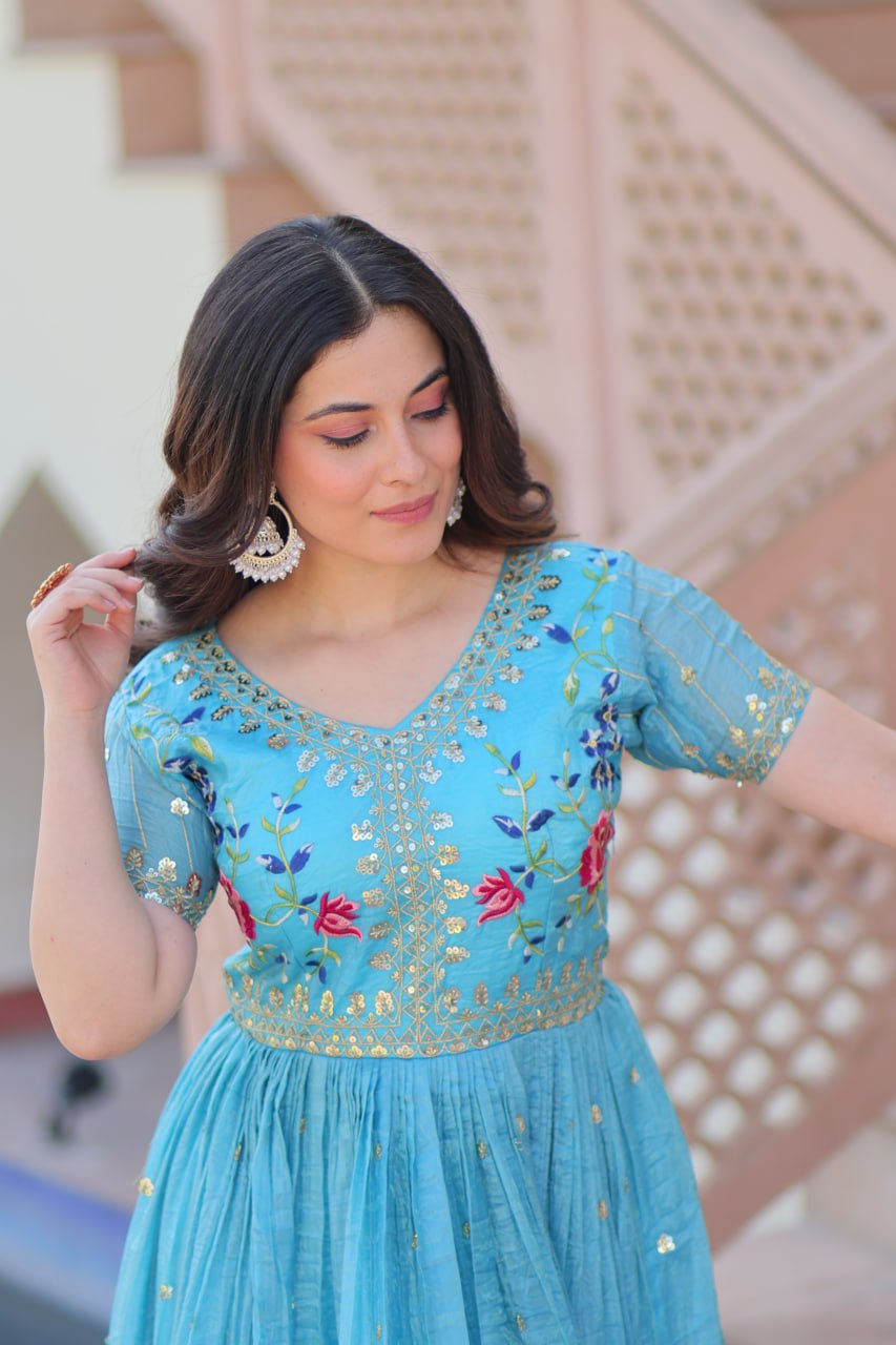 Gold Crush Embroidered Gown – Fully Stitched & Ready to Wear - ETHNICDEAL