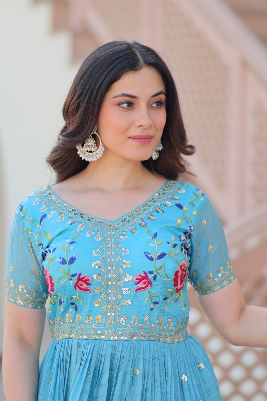 Gold Crush Embroidered Gown – Fully Stitched & Ready to Wear - ETHNICDEAL