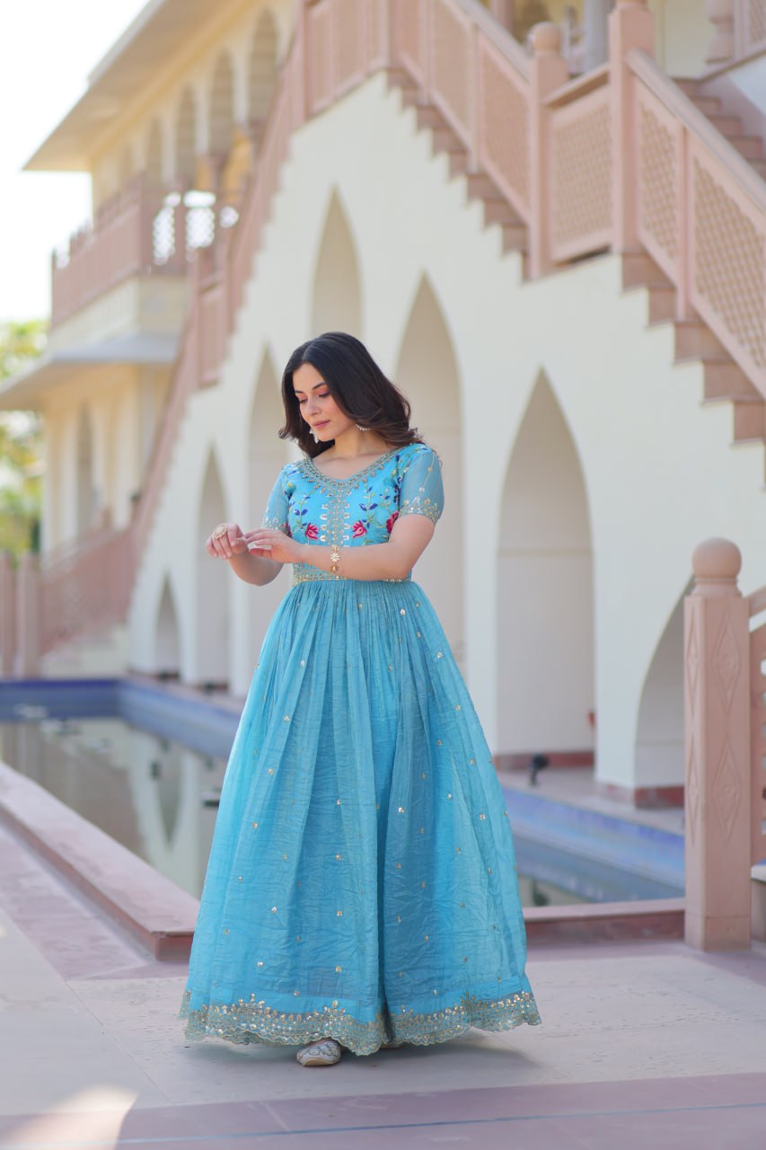 Gold Crush Embroidered Gown – Fully Stitched & Ready to Wear - ETHNICDEAL