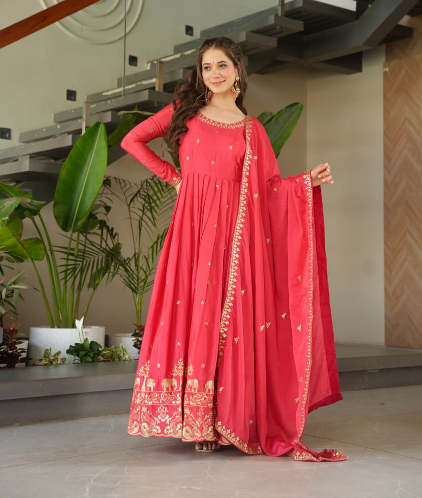 Graceful Chinon Embroidered Gown With Dupatta - ETHNICDEAL