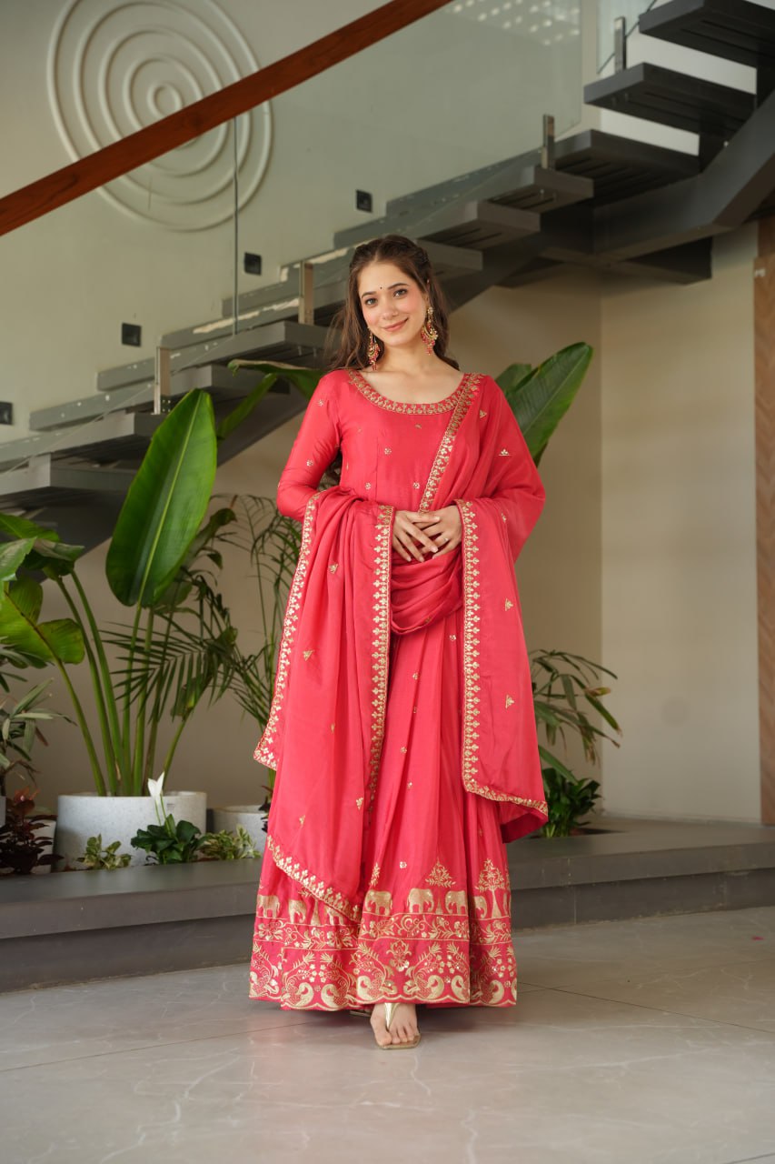 Graceful Chinon Embroidered Gown With Dupatta - ETHNICDEAL