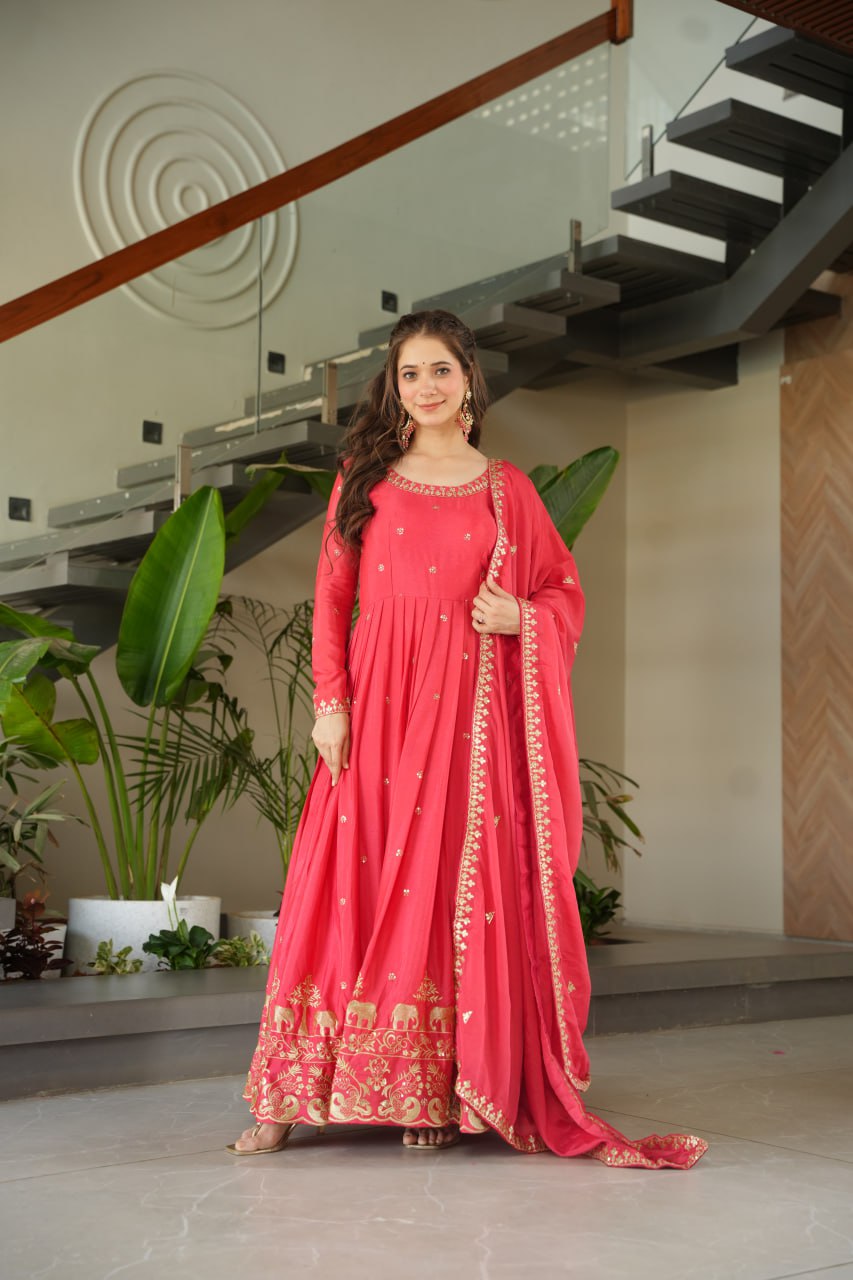 Graceful Chinon Embroidered Gown With Dupatta - ETHNICDEAL