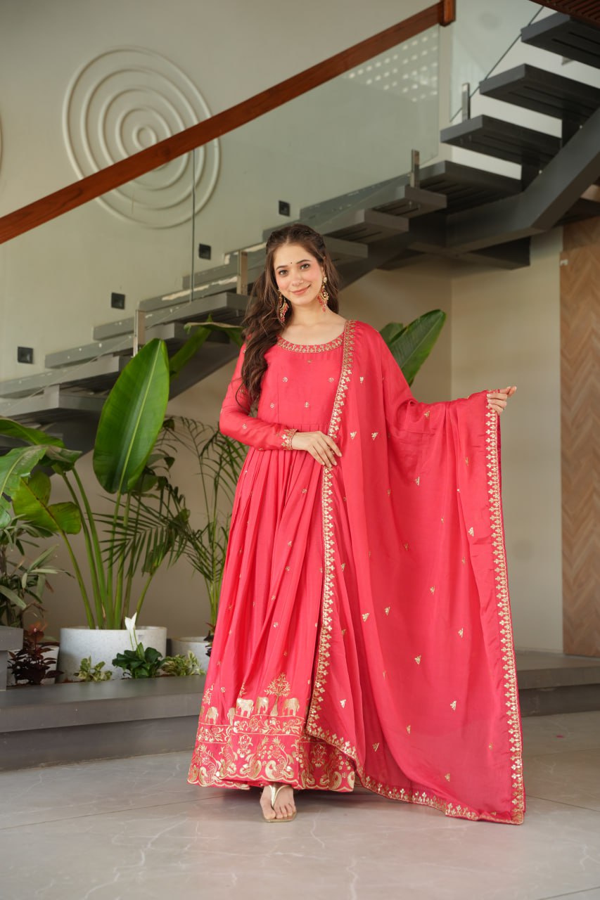 Graceful Chinon Embroidered Gown With Dupatta - ETHNICDEAL