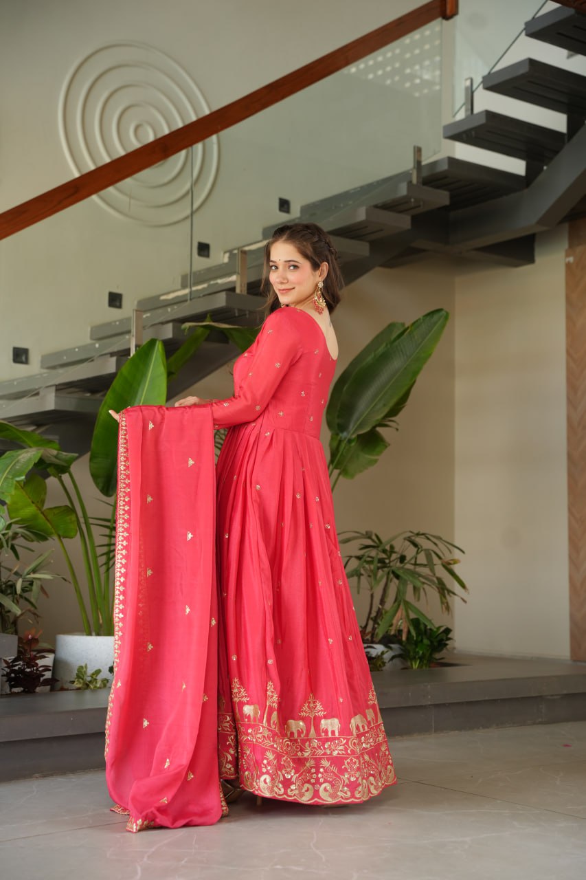 Graceful Chinon Embroidered Gown With Dupatta - ETHNICDEAL