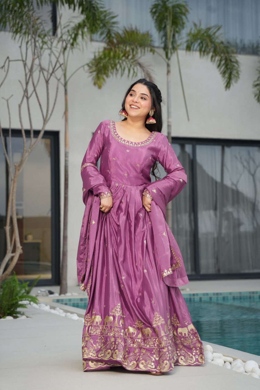 Graceful Chinon Embroidered Gown With Dupatta - ETHNICDEAL