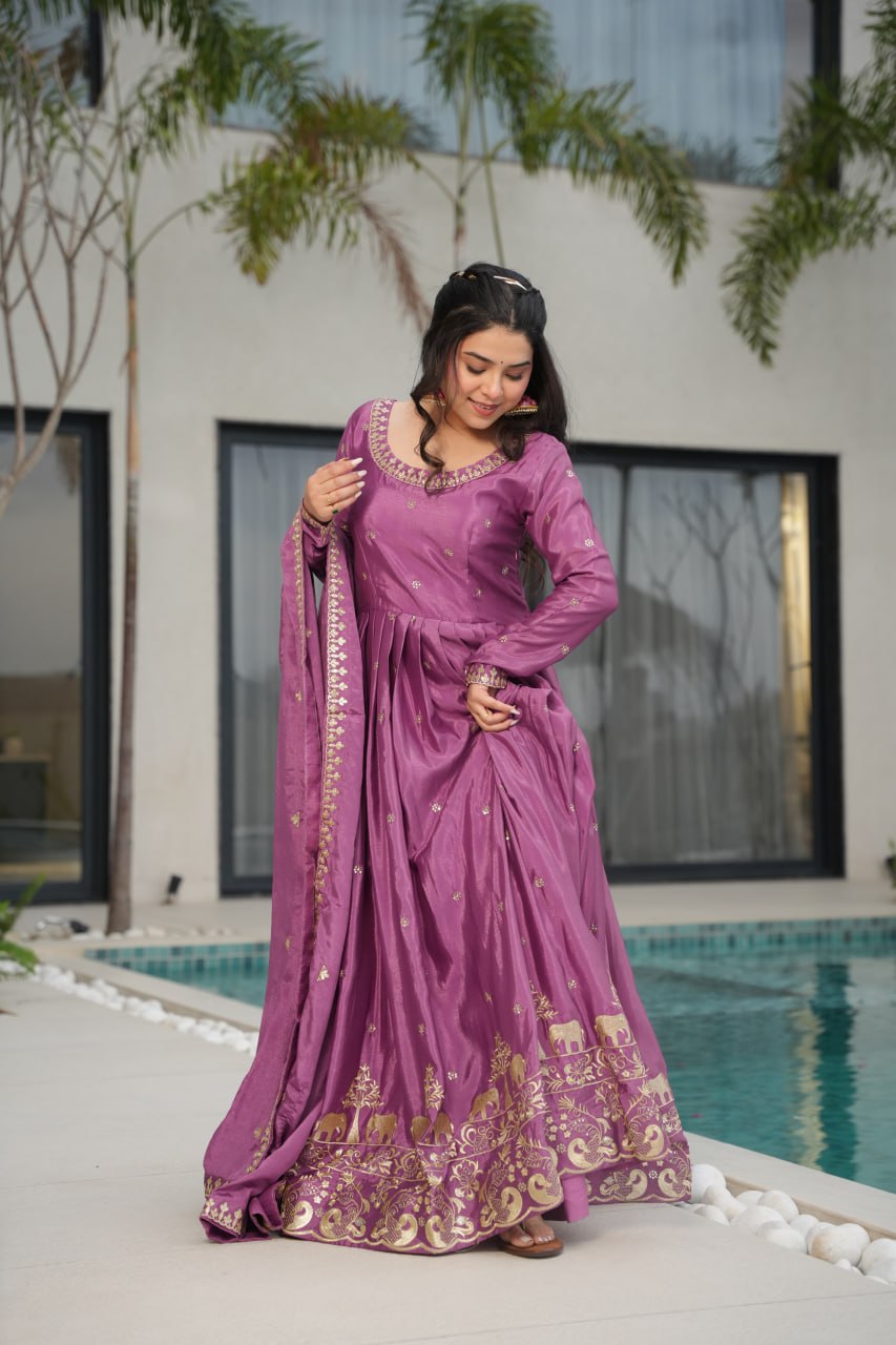 Graceful Chinon Embroidered Gown With Dupatta - ETHNICDEAL