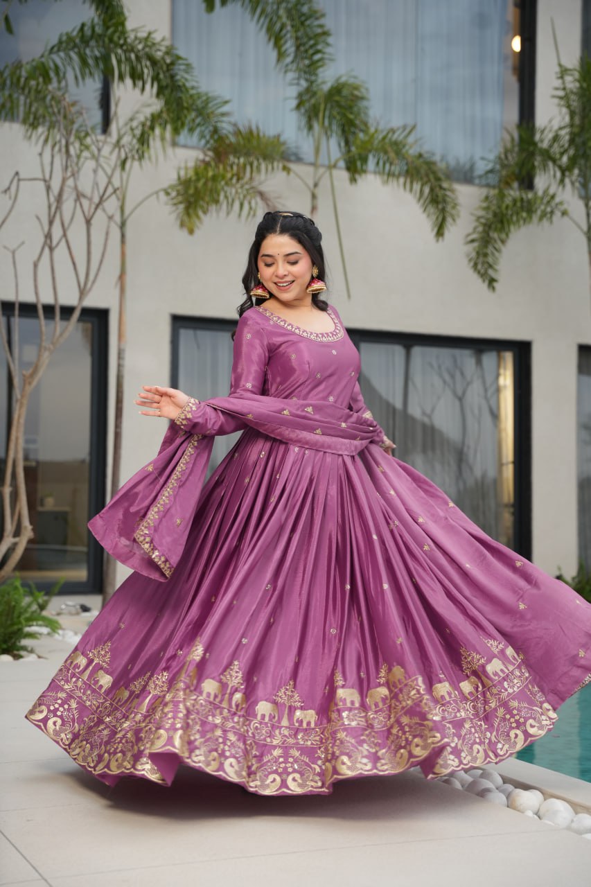 Graceful Chinon Embroidered Gown With Dupatta - ETHNICDEAL