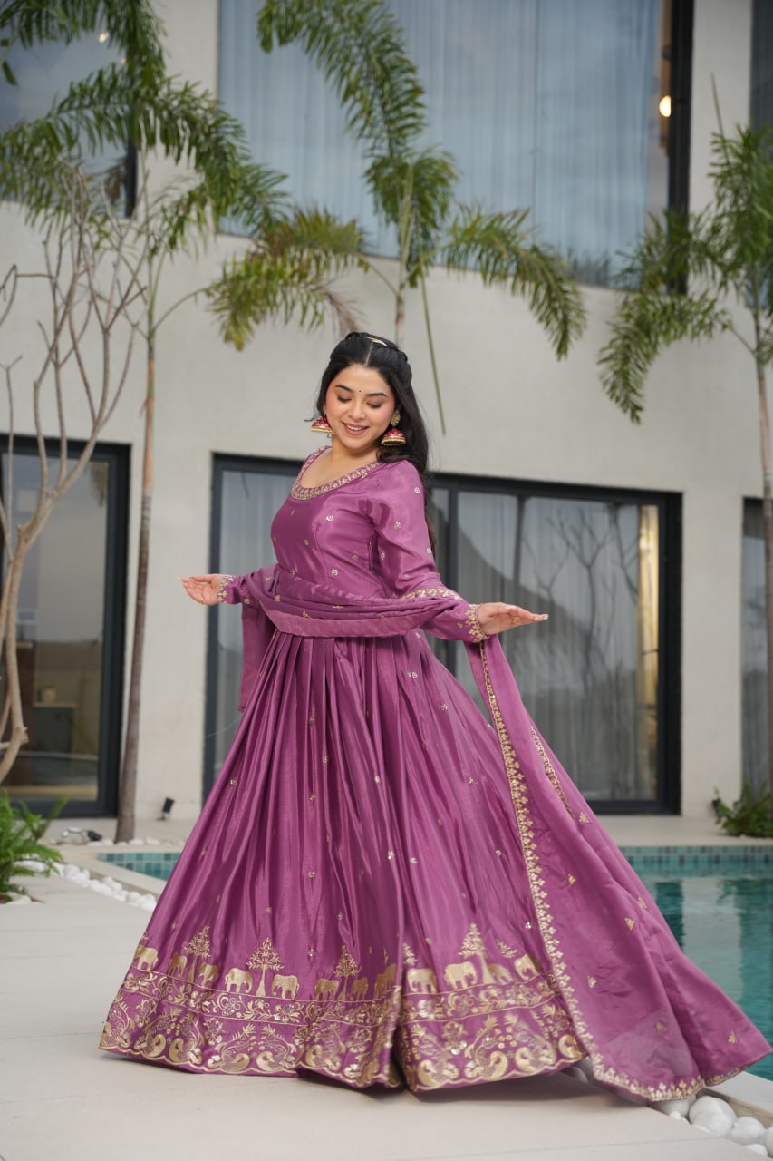Graceful Chinon Embroidered Gown With Dupatta - ETHNICDEAL