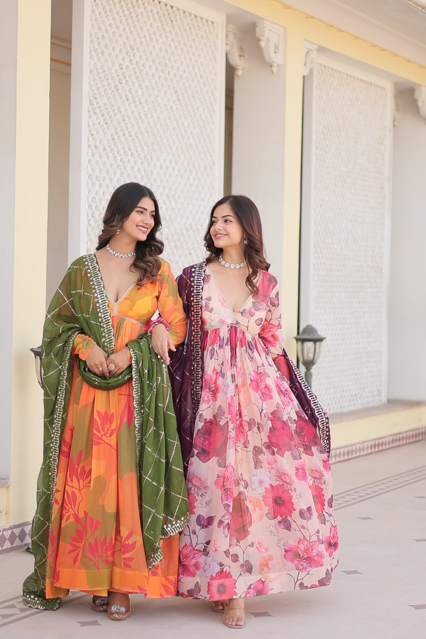 Captivating Russian Silk Floral Fully Stitched Designer Gown - Ethnicwish