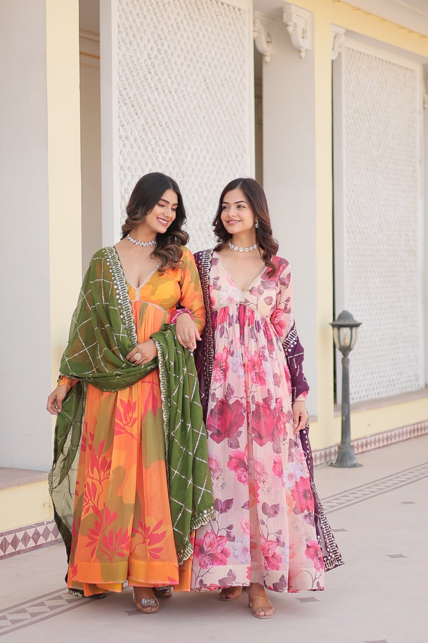 Captivating Russian Silk Floral Fully Stitched Designer Gown - Ethnicwish