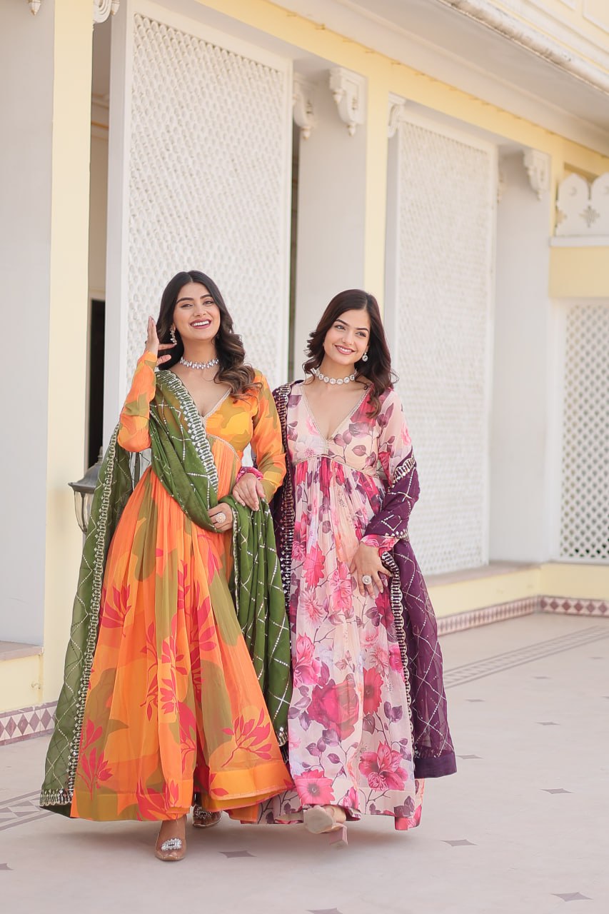 Captivating Russian Silk Floral Fully Stitched Designer Gown - Ethnicwish