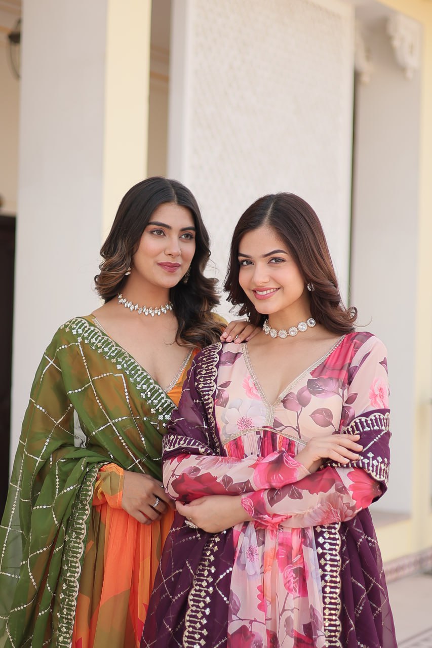 Captivating Russian Silk Floral Fully Stitched Designer Gown - Ethnicwish