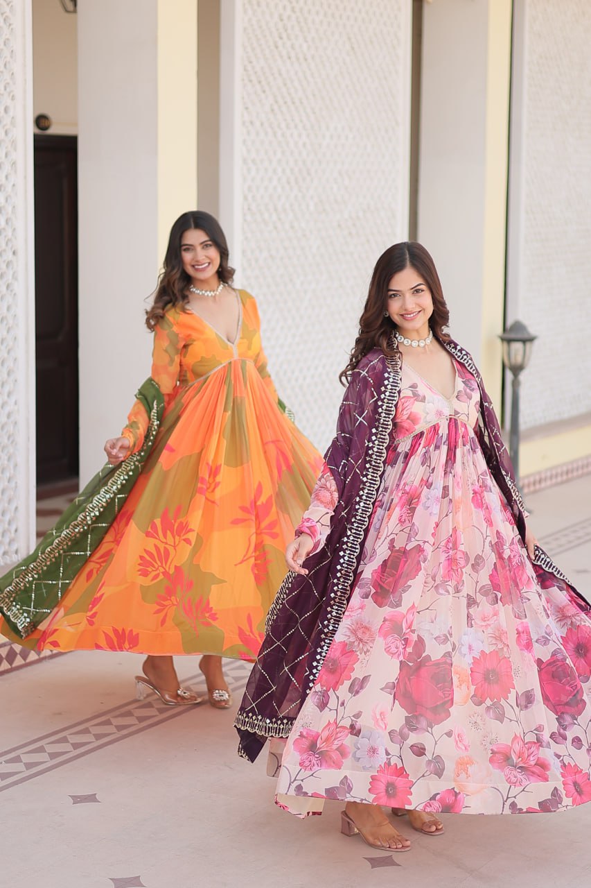 Captivating Russian Silk Floral Fully Stitched Designer Gown - Ethnicwish