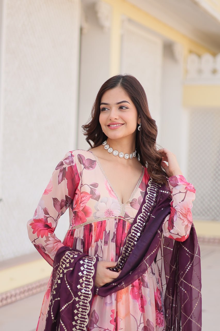 Captivating Russian Silk Floral Fully Stitched Designer Gown - Ethnicwish