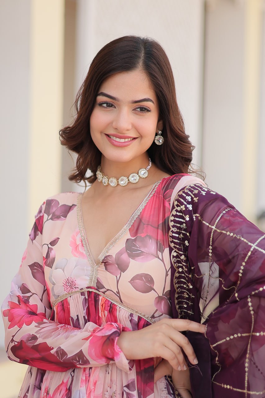 Captivating Russian Silk Floral Fully Stitched Designer Gown - Ethnicwish