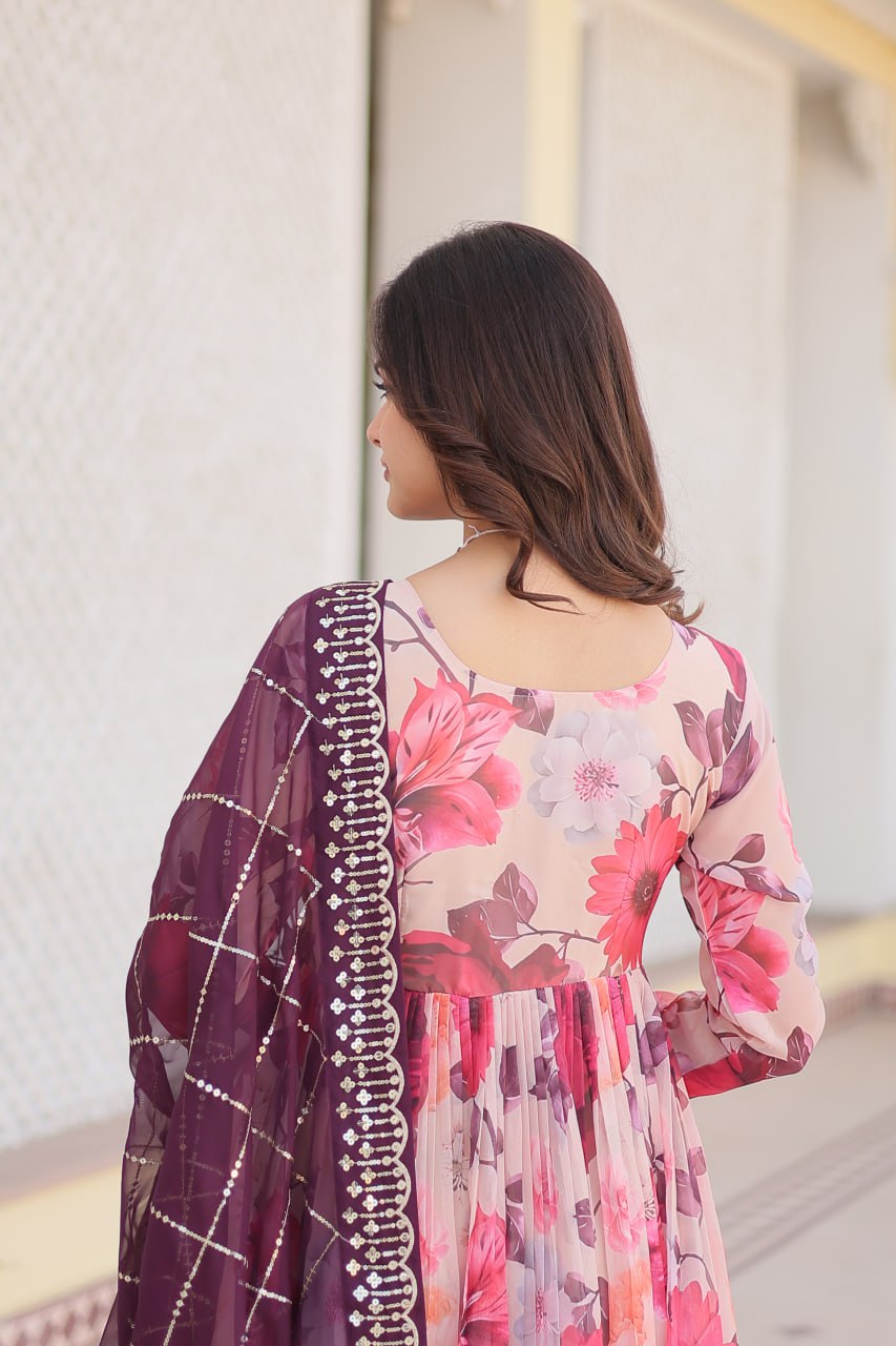 Captivating Russian Silk Floral Fully Stitched Designer Gown - Ethnicwish