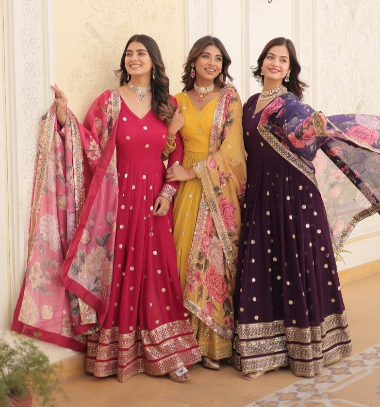 Entrancing Faux Georgette Zari Sequins Worked Designer Gown - Ethnicwish