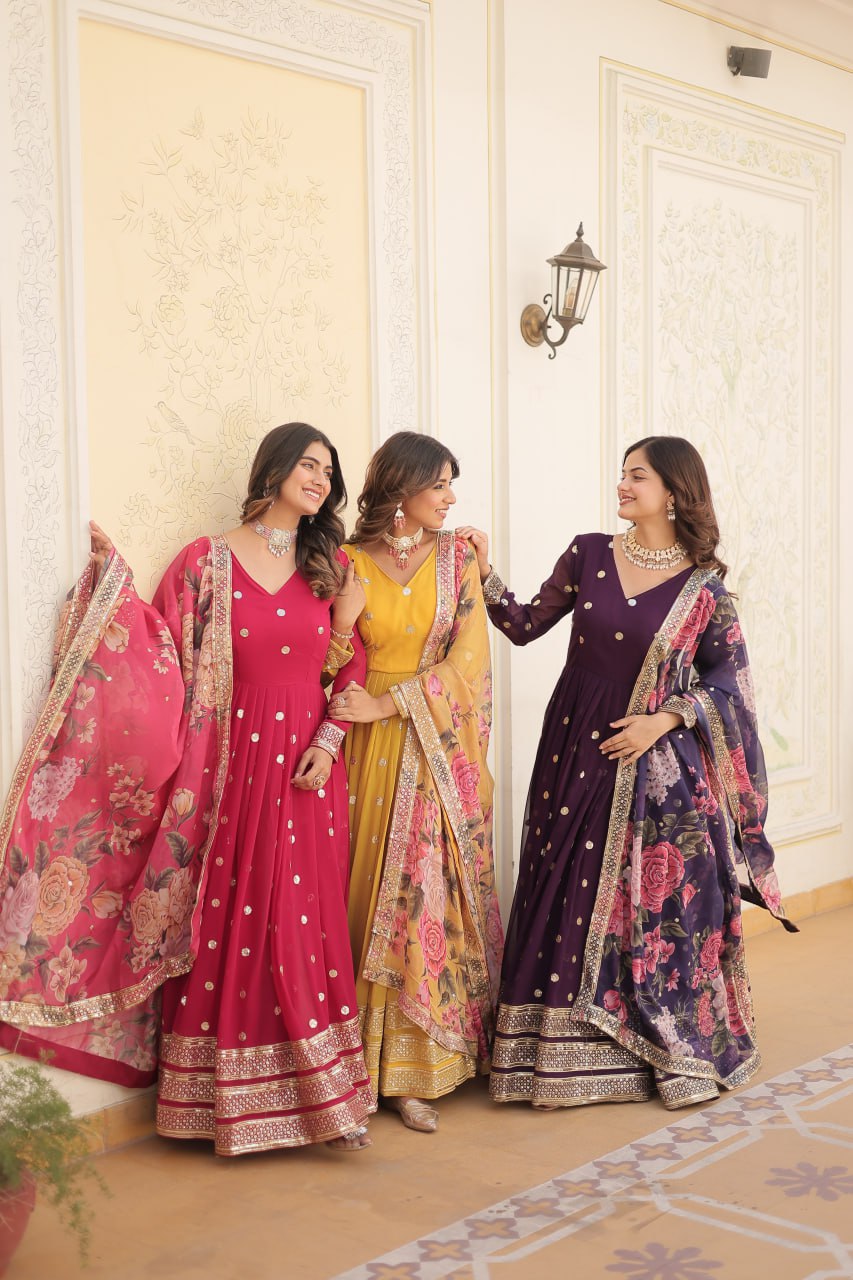 Entrancing Faux Georgette Zari Sequins Worked Designer Gown - Ethnicwish