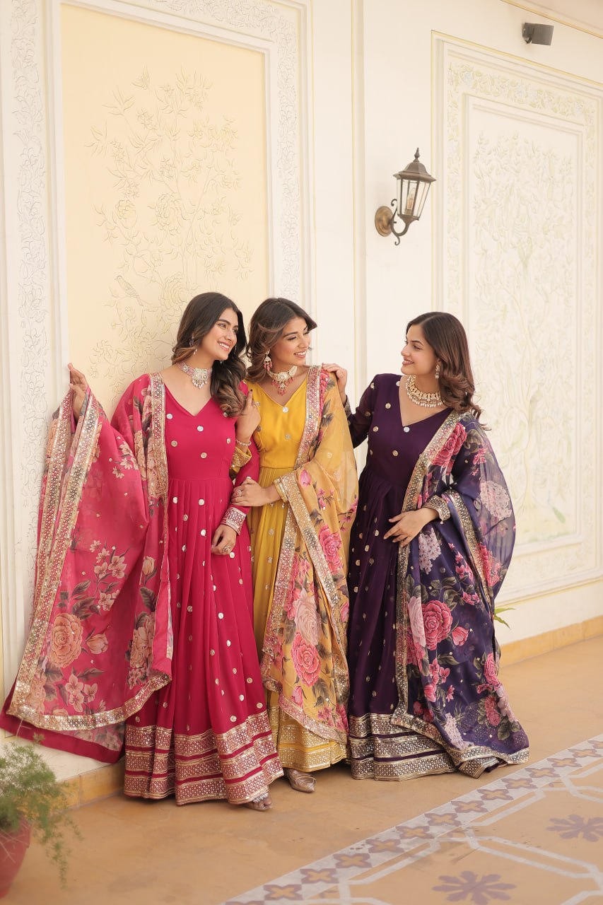 Entrancing Faux Georgette Zari Sequins Worked Designer Gown - Ethnicwish