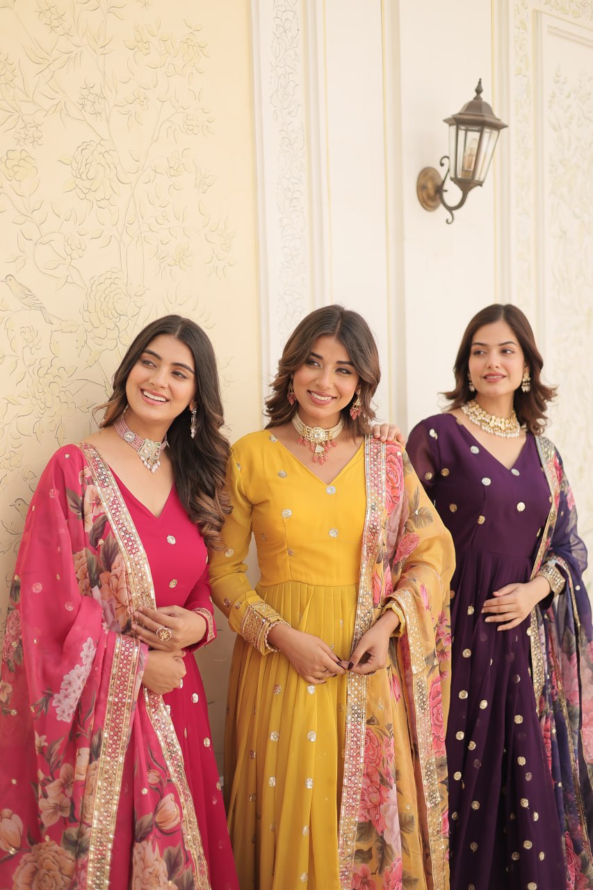 Entrancing Faux Georgette Zari Sequins Worked Designer Gown - Ethnicwish