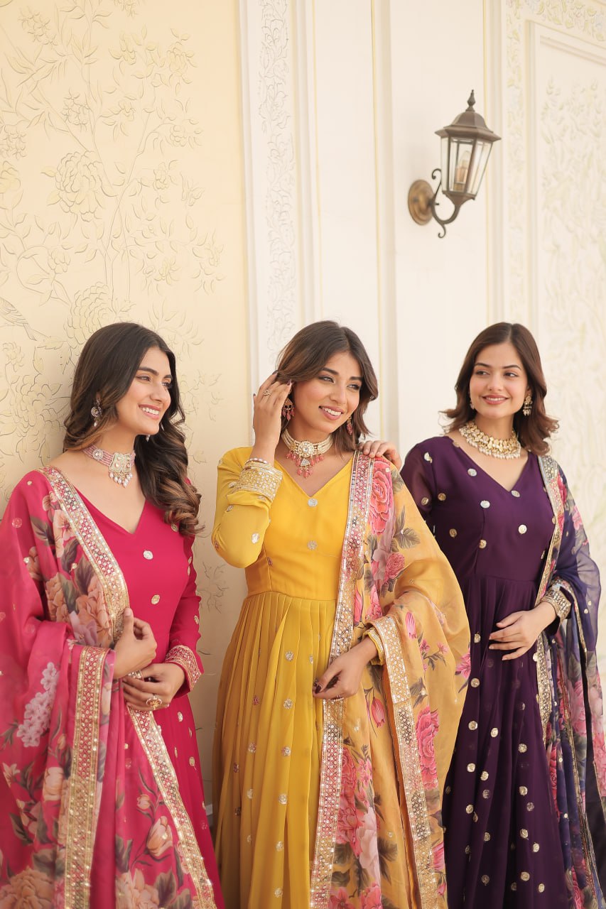 Entrancing Faux Georgette Zari Sequins Worked Designer Gown - Ethnicwish