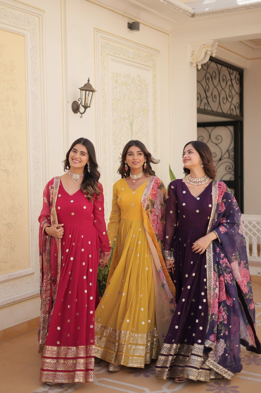 Entrancing Faux Georgette Zari Sequins Worked Designer Gown - Ethnicwish