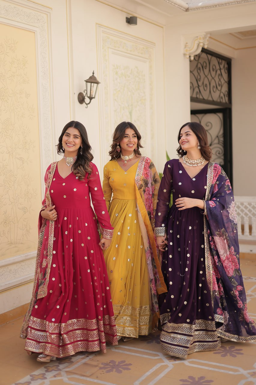 Entrancing Faux Georgette Zari Sequins Worked Designer Gown - Ethnicwish