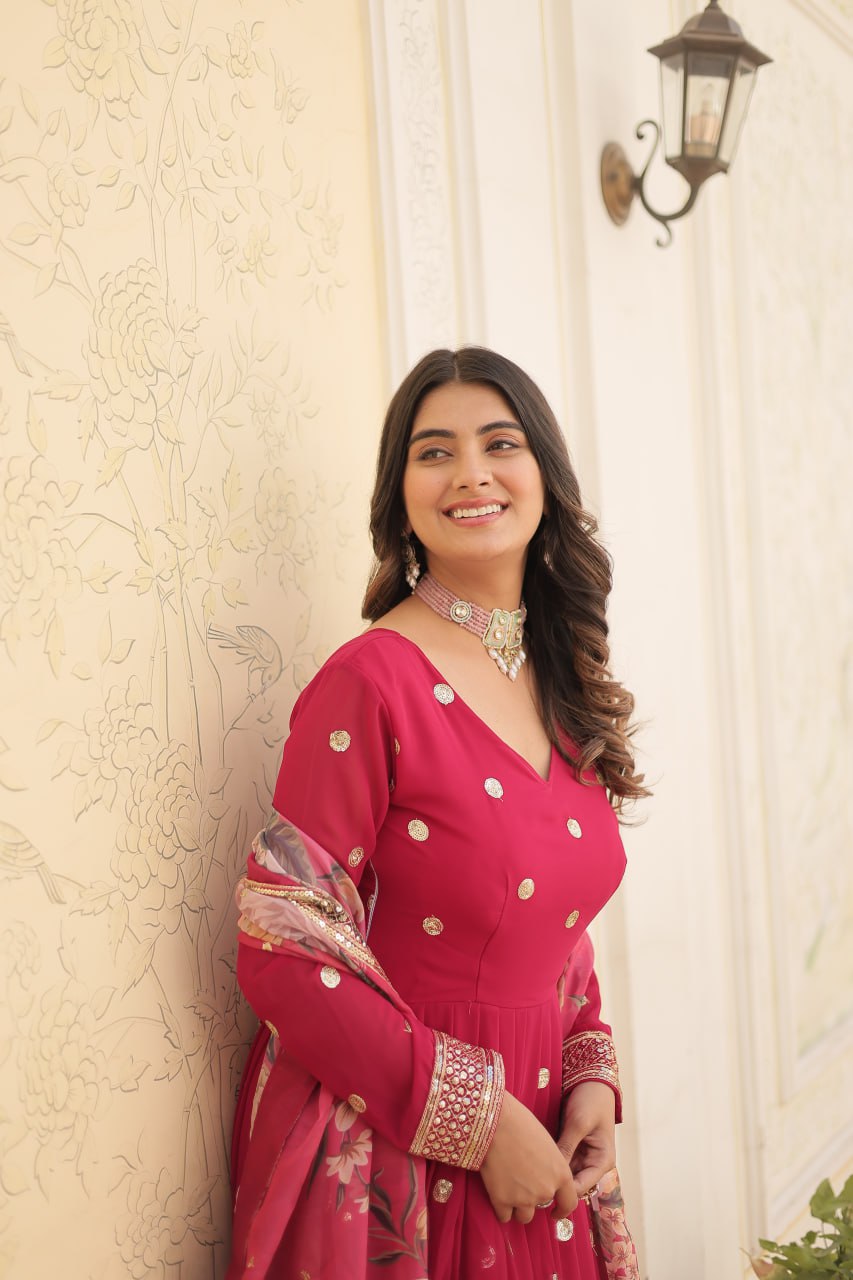 Entrancing Faux Georgette Zari Sequins Worked Designer Gown - Ethnicwish