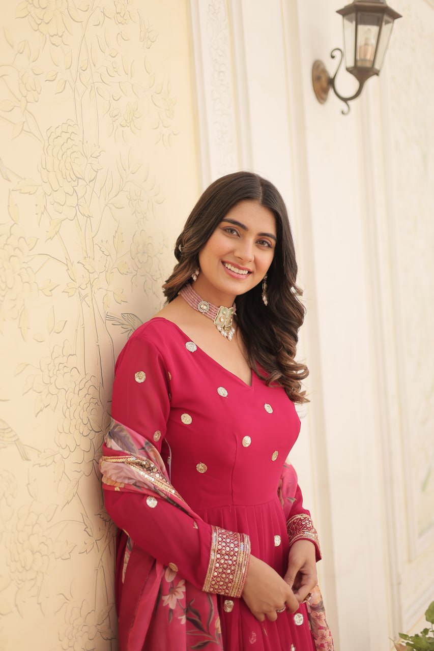 Entrancing Faux Georgette Zari Sequins Worked Designer Gown - Ethnicwish