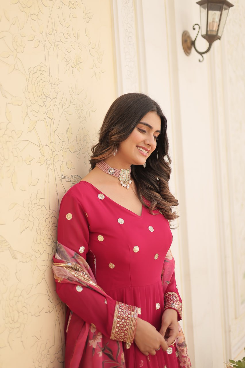 Entrancing Faux Georgette Zari Sequins Worked Designer Gown - Ethnicwish