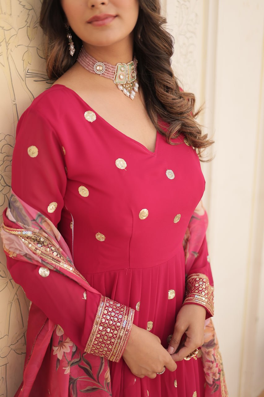 Entrancing Faux Georgette Zari Sequins Worked Designer Gown - Ethnicwish