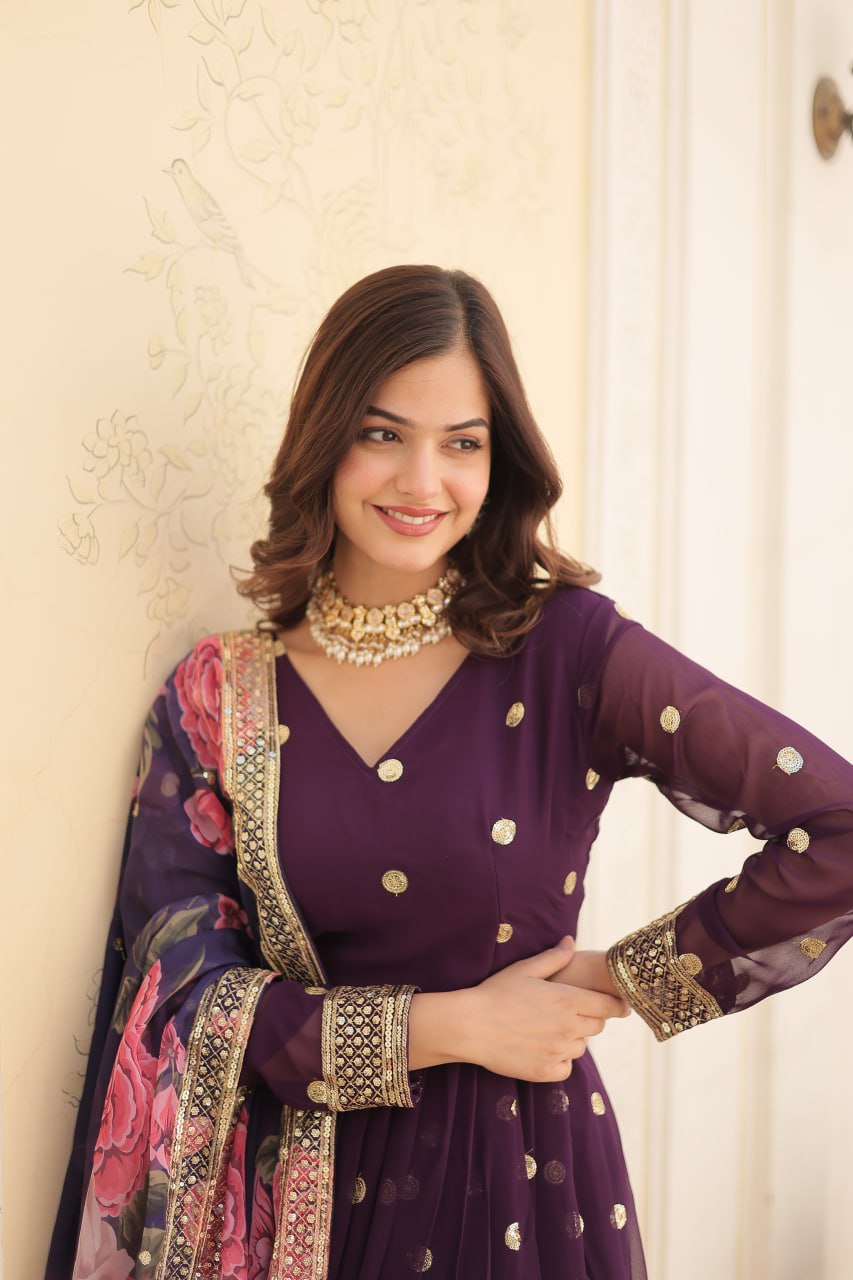 Entrancing Faux Georgette Zari Sequins Worked Designer Gown - Ethnicwish